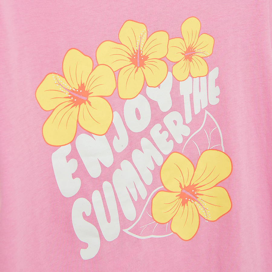 Dark pink T-shirt with Enjoy the summer and flowers  print