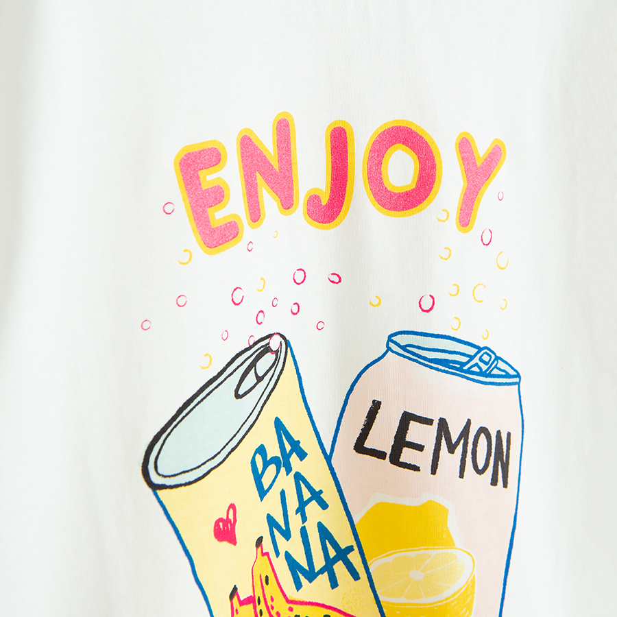 White T-shirt with Enjoy Summer and banana and lemons drinks print