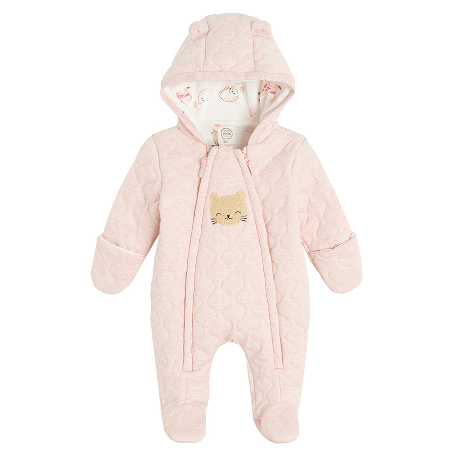 Pink hooded footed pramsuit with kitten print