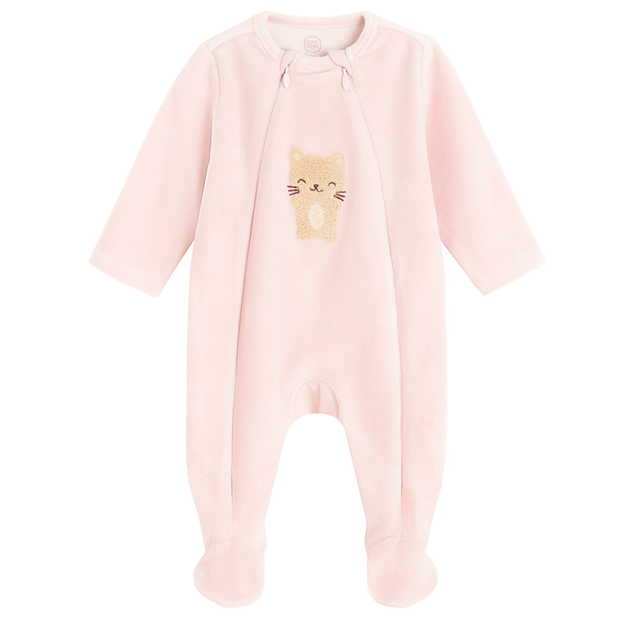 Pink footed overall with side zippers and kitten print