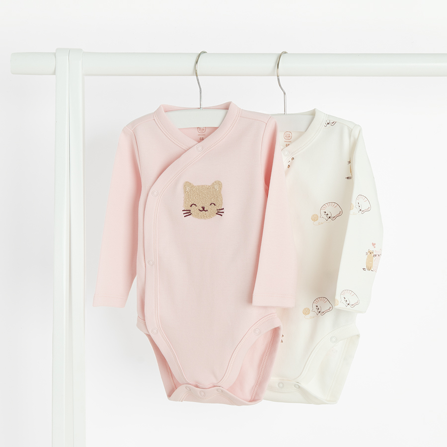 White and pink long sleeve bodysuits with kitten print- 2 pack