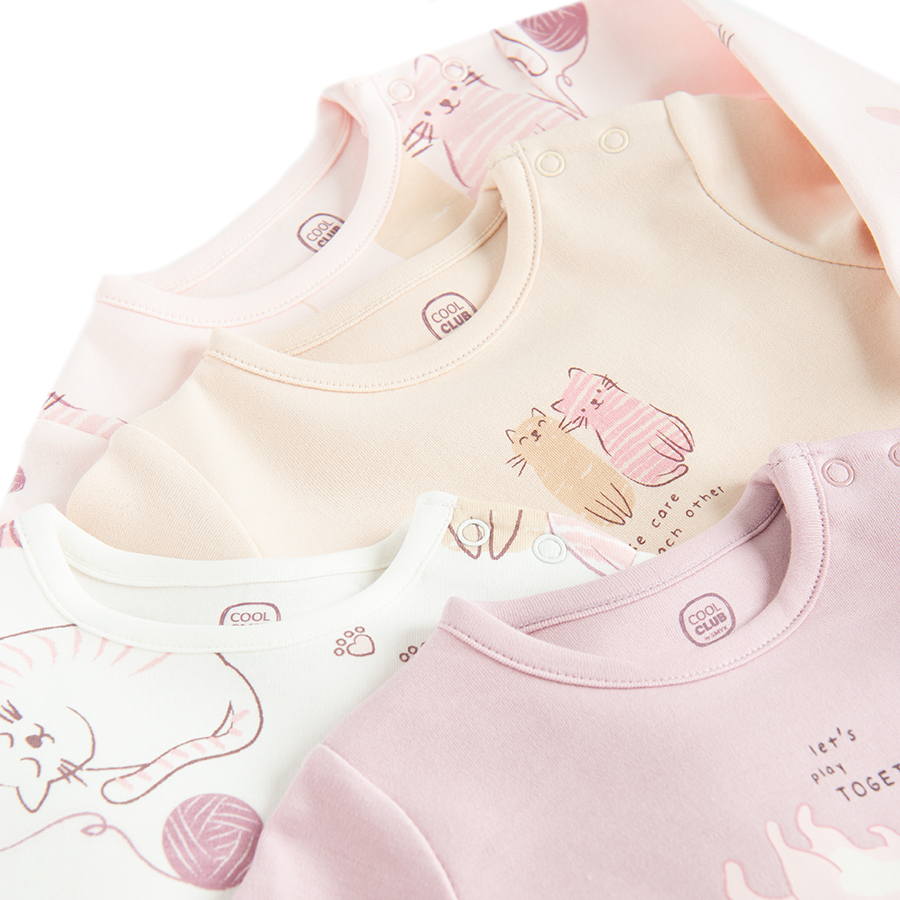 Pastel long sleeve bodysuits with kittens print- 4 pack