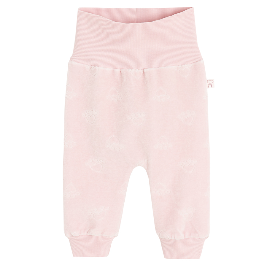 Pink footless leggings with elastic waist and kitten and footprints print