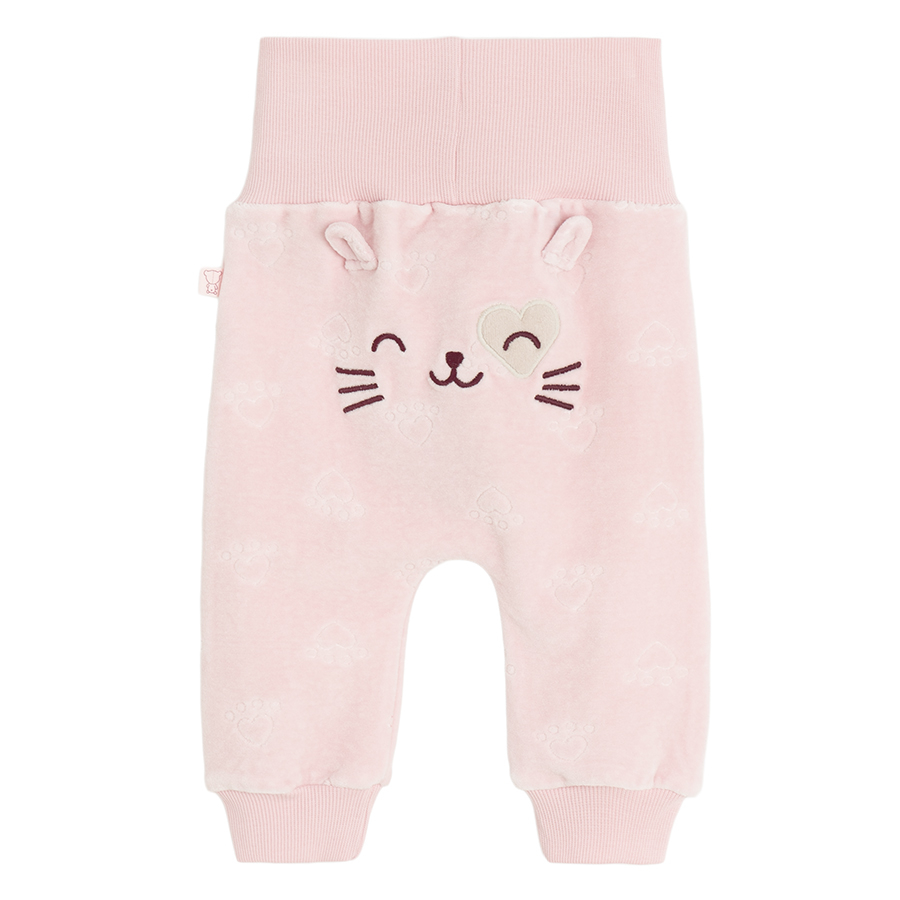 Pink footless leggings with elastic waist and kitten and footprints print