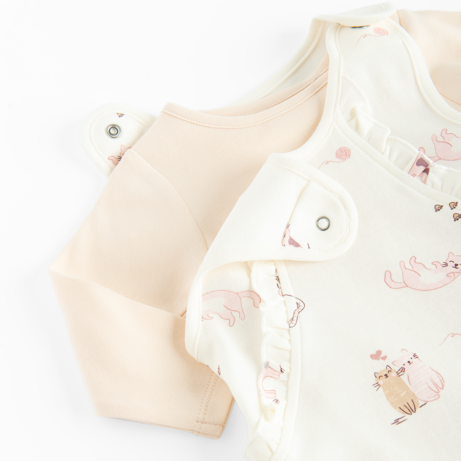 Ecru long sleeve bodysuit and footed overall with kittens print- 2 pieces