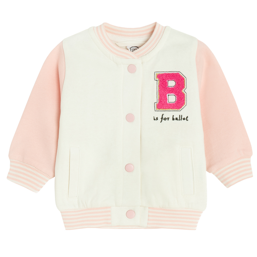 White and pink buttons sweatshirt with B print on the chest and angels wings on the back