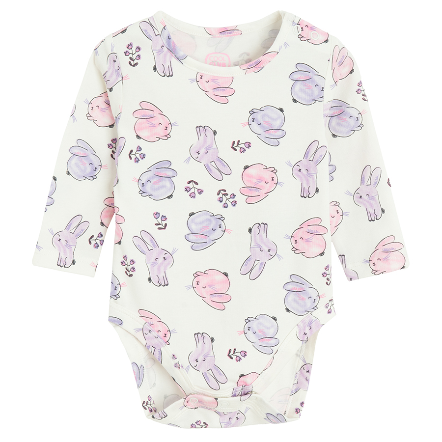 White with bunnies print and purple with flowers applique long sleeve bodysuits- 2 pack