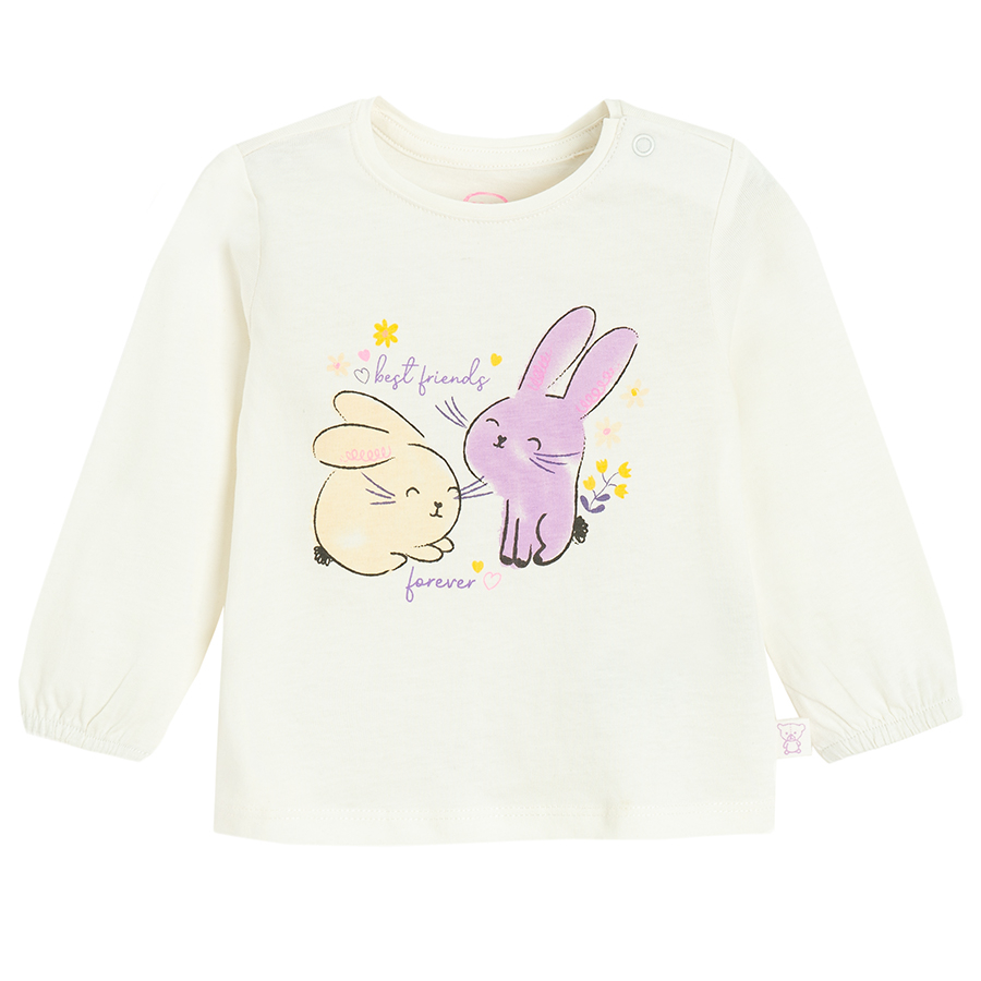 White long sleeve blouse with bunnies print, purple leggings and floral vest set- 3 pieces