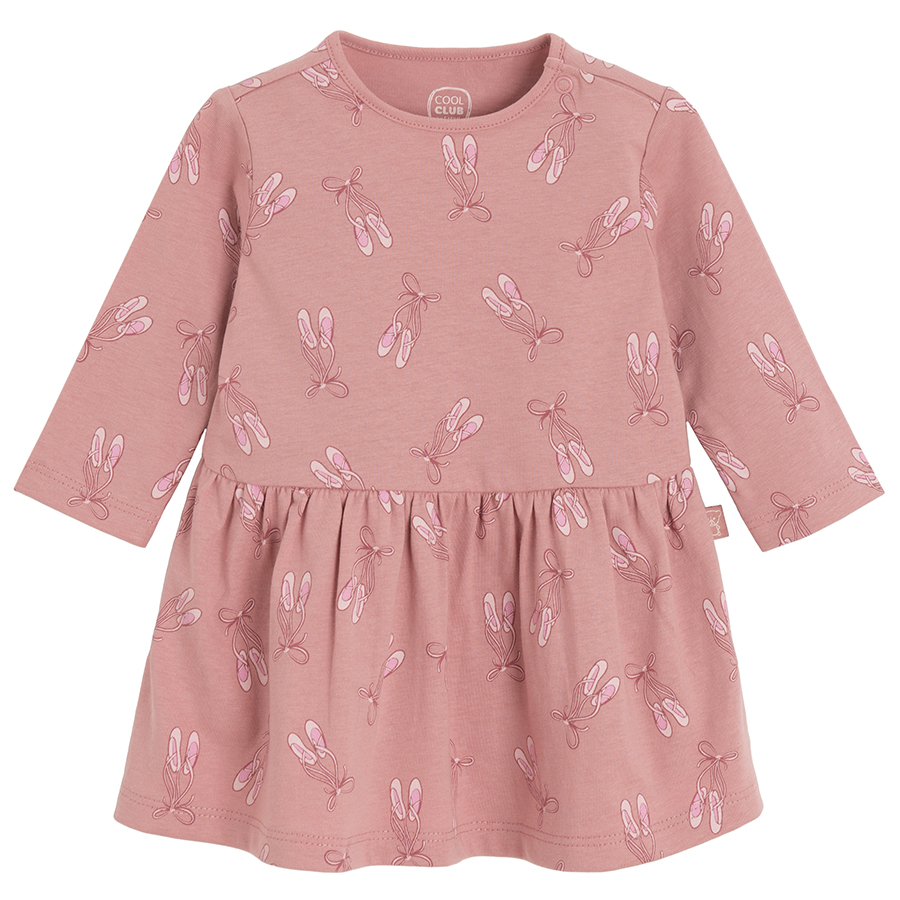 Pink long sleeve dress with ballet shoes print