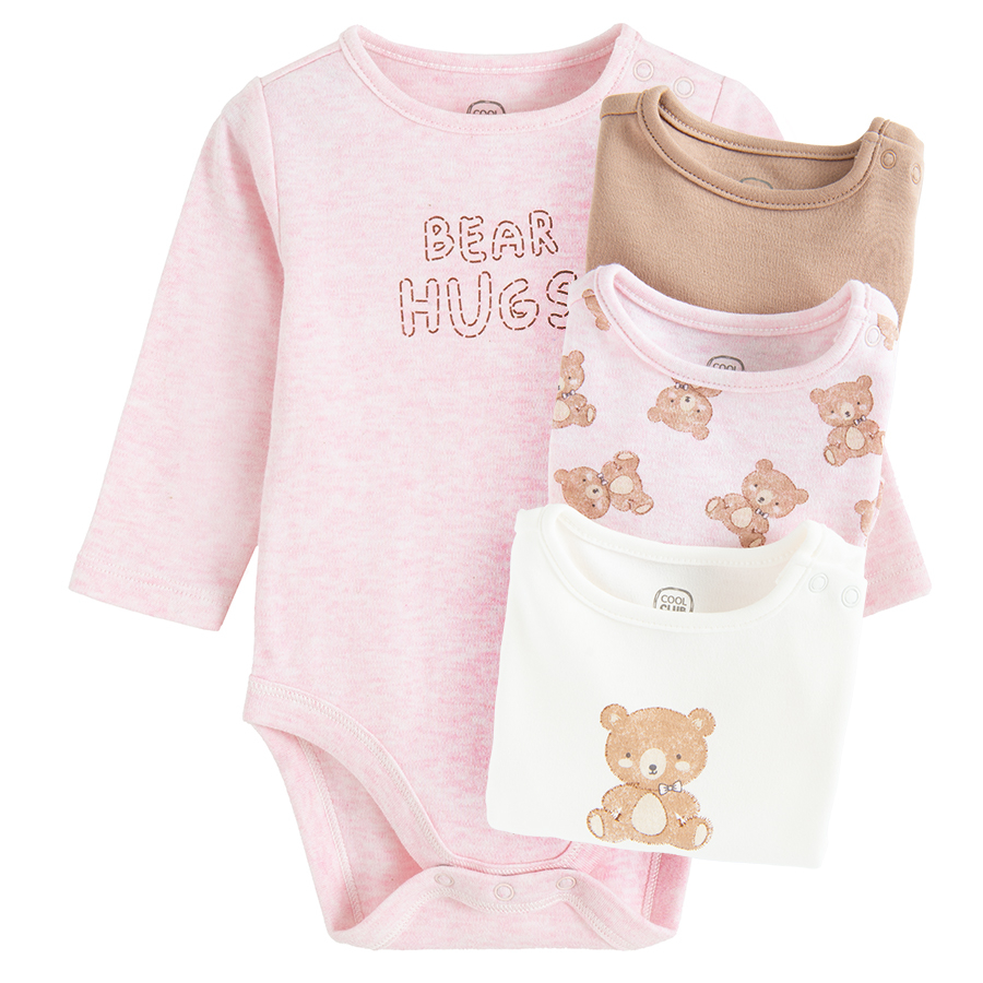 White, pink, brown long sleeve bodysuits with bear print- 4 pack