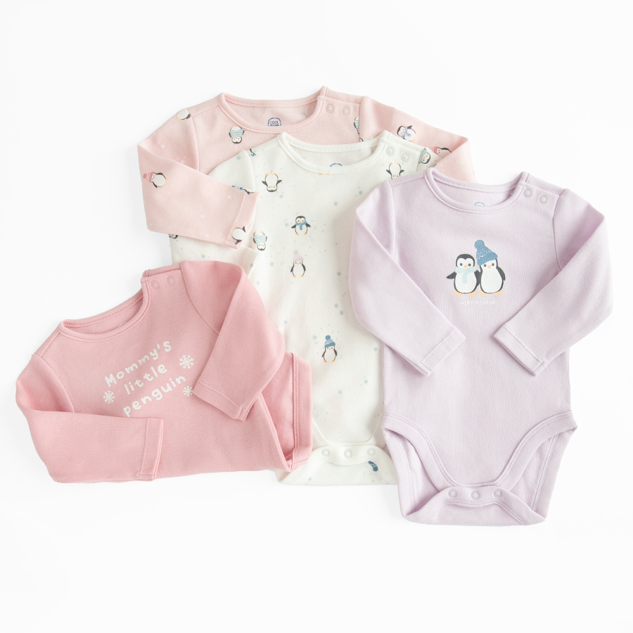 Pastel color long sleeve bodysuits with penguins print- 4 pack