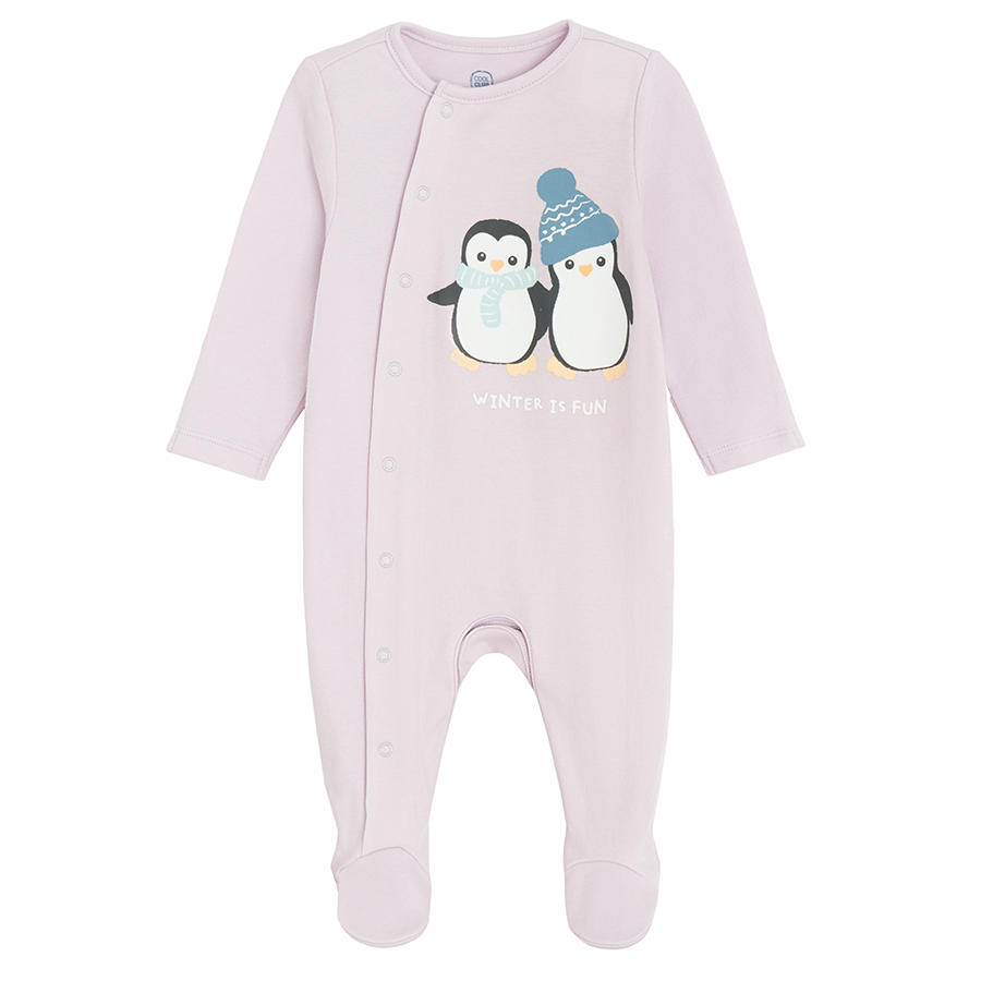 White and purple footed overalls with penguin print and side buttons