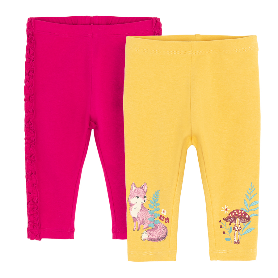 Fucshia and yellow with fox and mushroom print leggings- 2pack