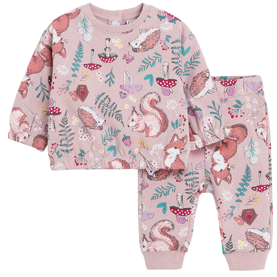 Violet jogging set with forest animals print set - 2 pieces