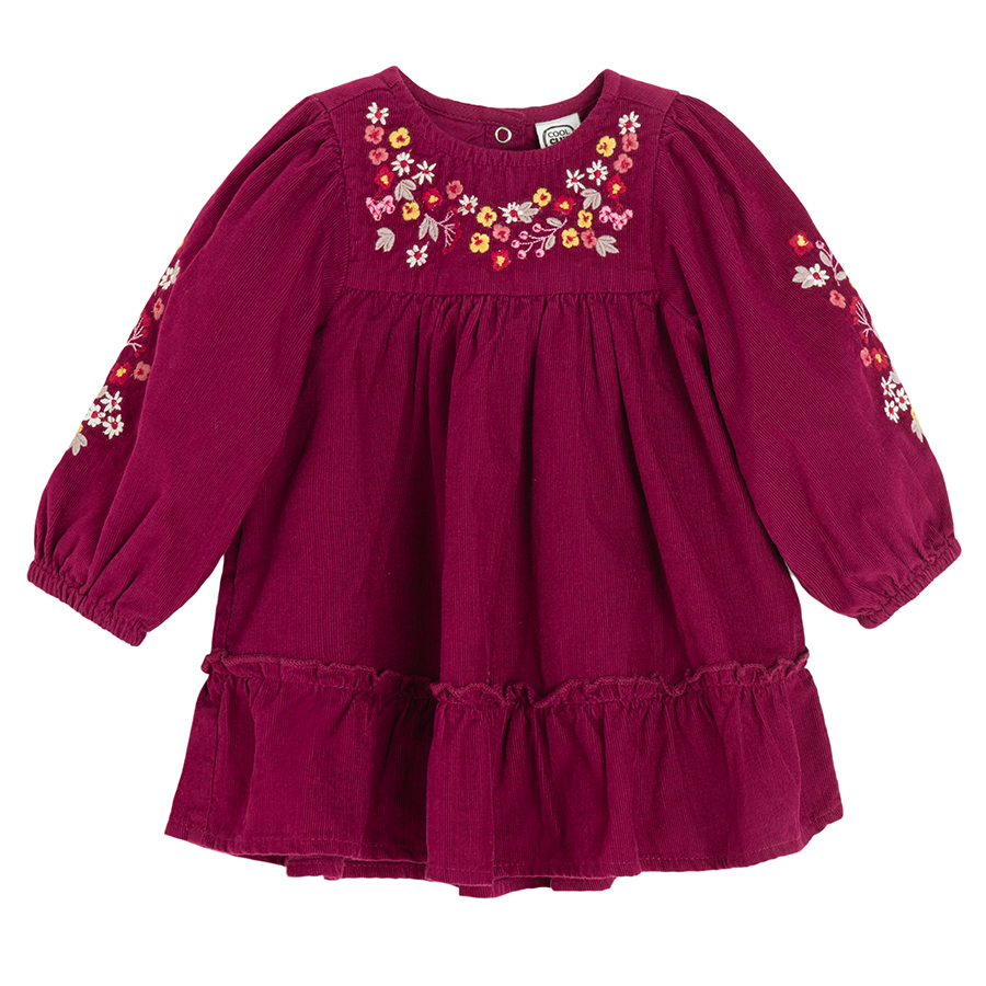 Burgundy long sleeve dress with neck and sleeves embroidery