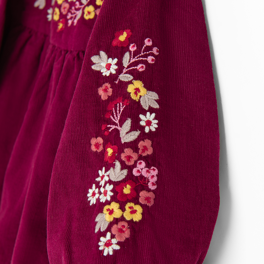 Burgundy long sleeve dress with neck and sleeves embroidery