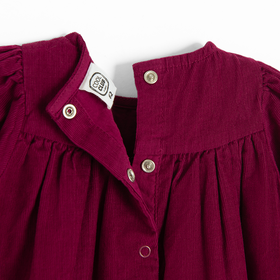 Burgundy long sleeve dress with neck and sleeves embroidery