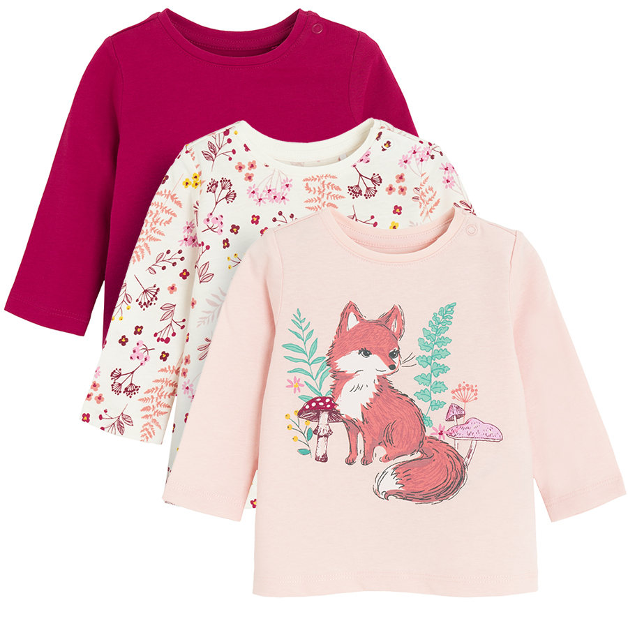 Floral, pink with fox print and fuchia blouses- 3 pack