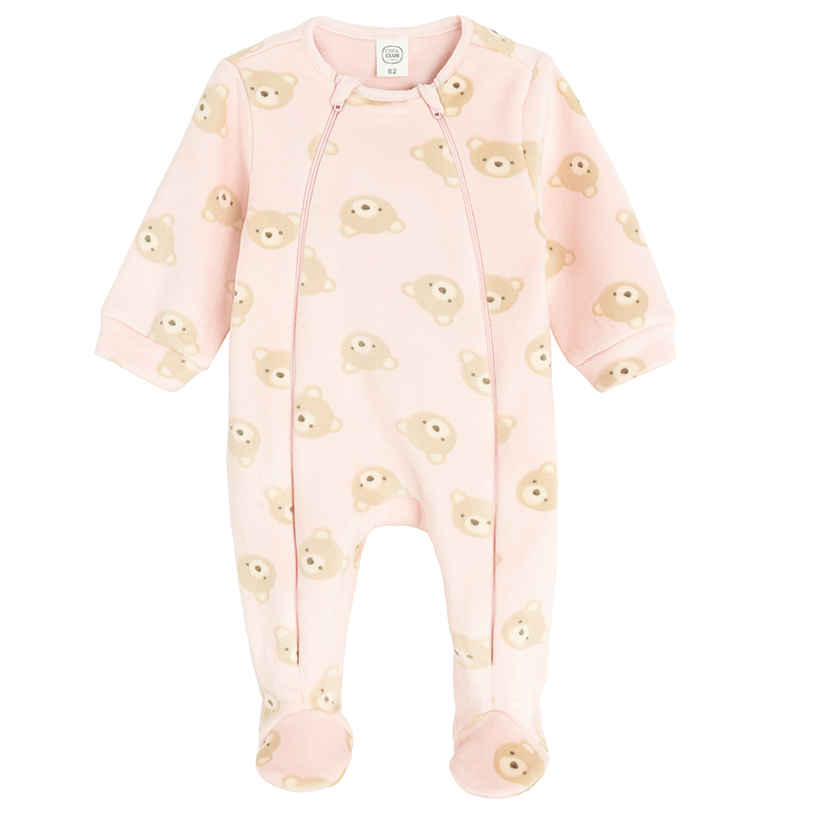 Pink footed overall with two side zippers and bears print