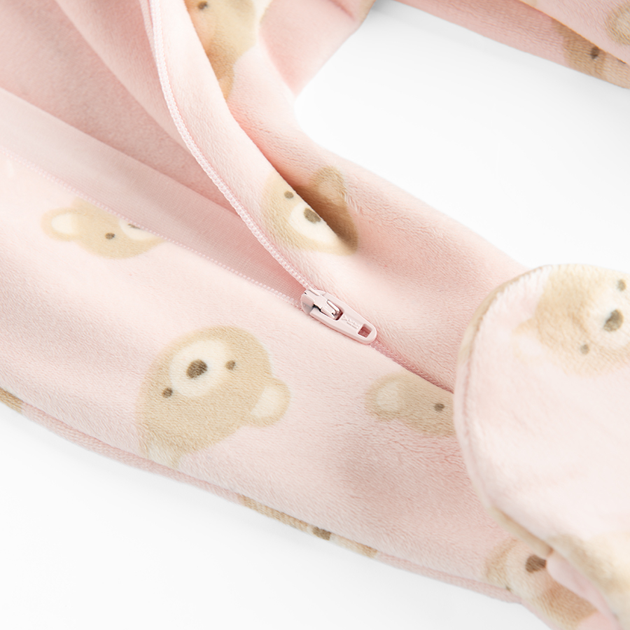 Pink footed overall with two side zippers and bears print