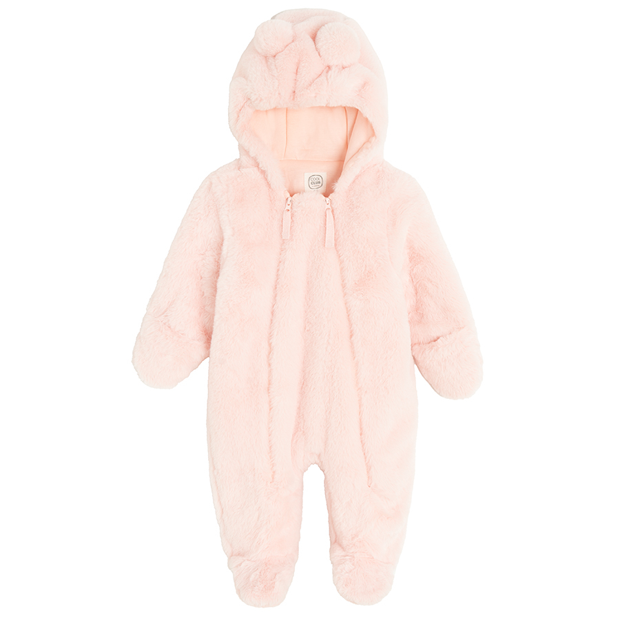 Pink hooded pramsuit with two side zippers