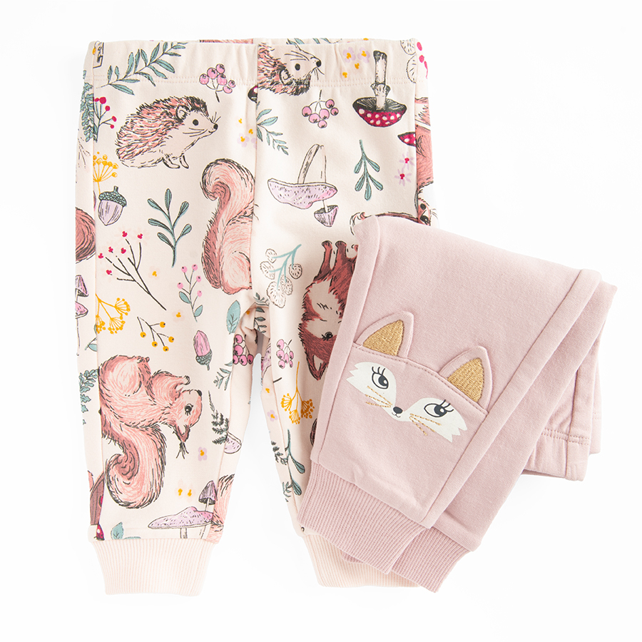 Pink with forest animals and violet with fox print jogging pants- 2 pack