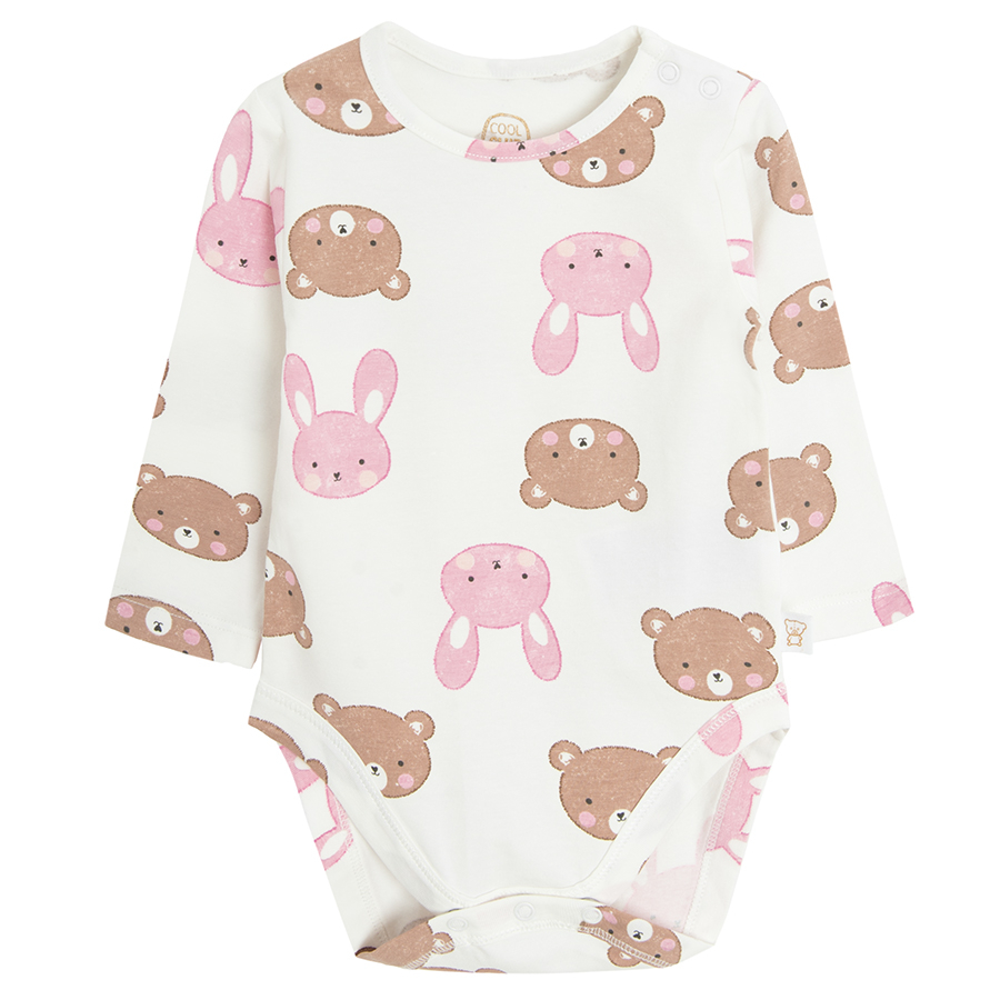 Warm pink and ecru with bears print long sleeve bodysuits - 2 pack