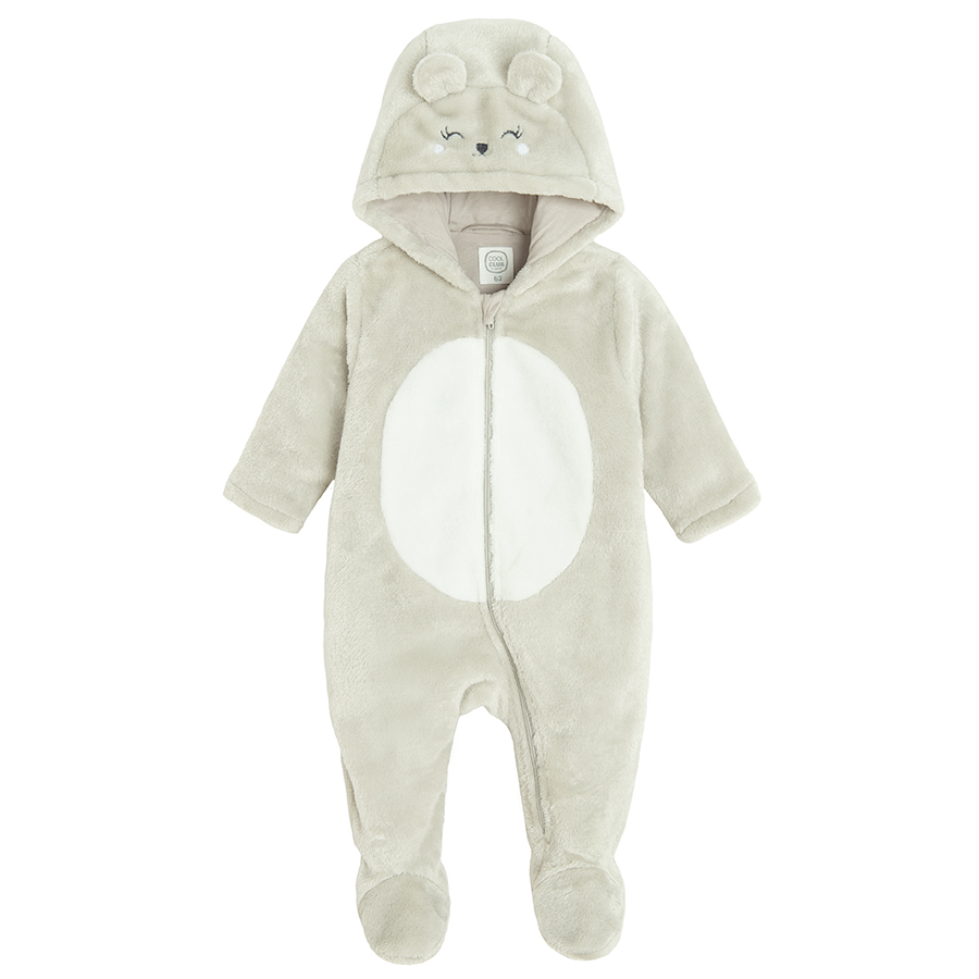 Grey overall footed, hooded with side zipper and bunny pattern