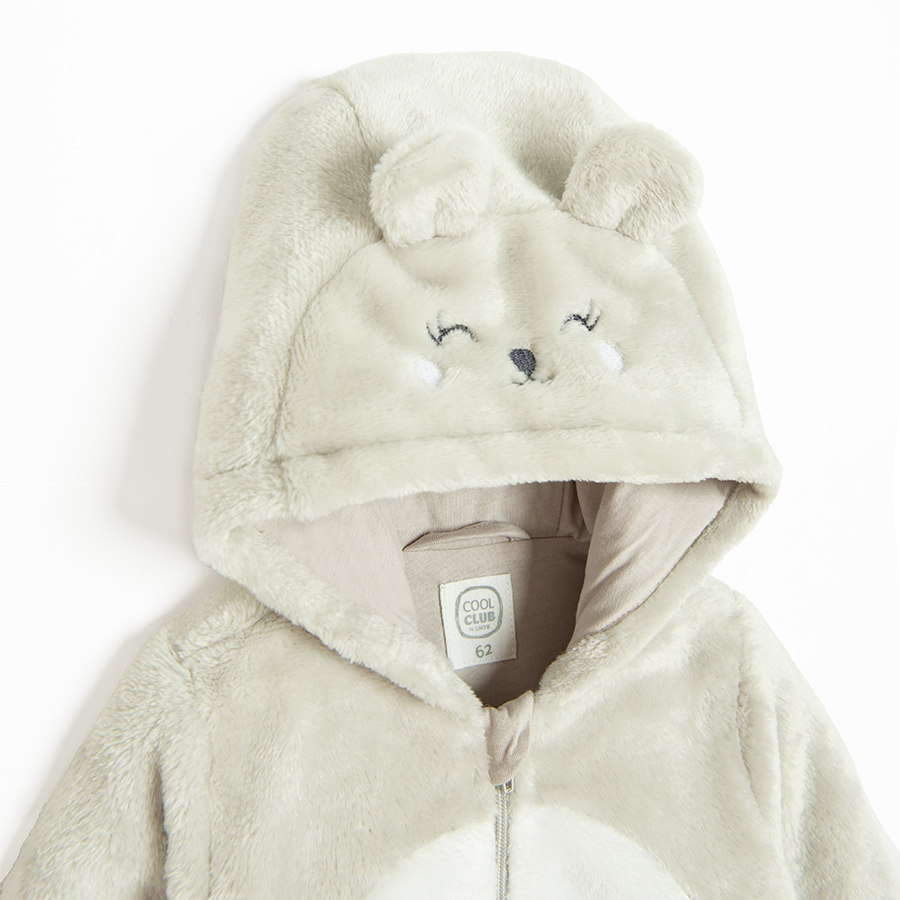 Grey overall footed, hooded with side zipper and bunny pattern