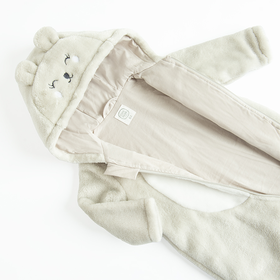 Grey overall footed, hooded with side zipper and bunny pattern