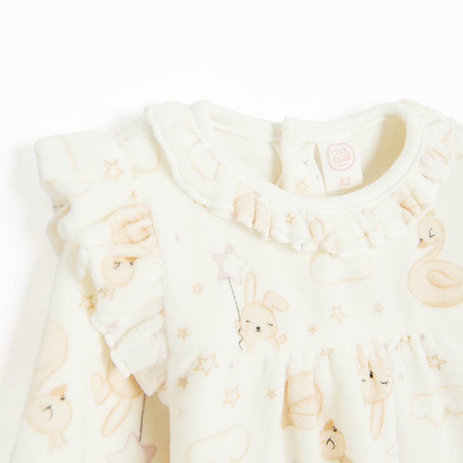 Ecru footed overall with small animals print