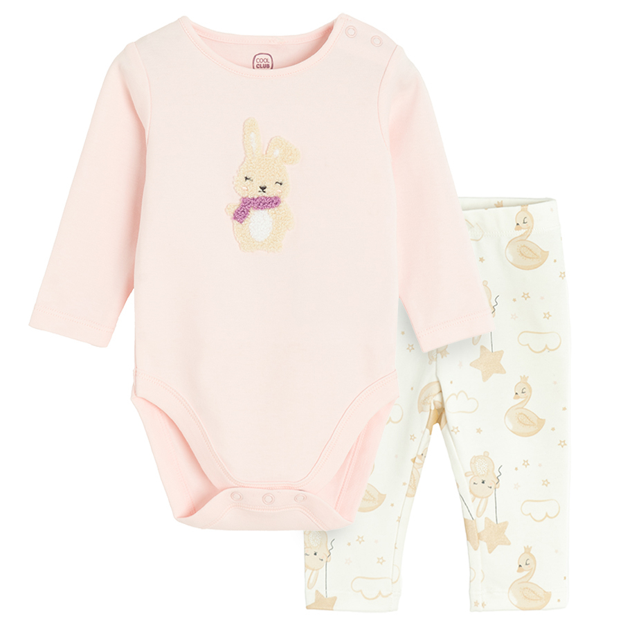 Pink long sleeve bodysuit and white pants with bunnies print set- 2 pieces