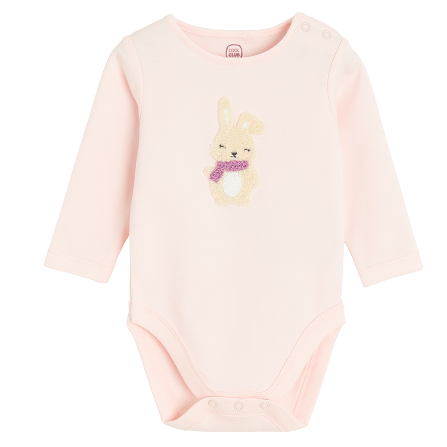 Pink long sleeve bodysuit and white pants with bunnies print set- 2 pieces