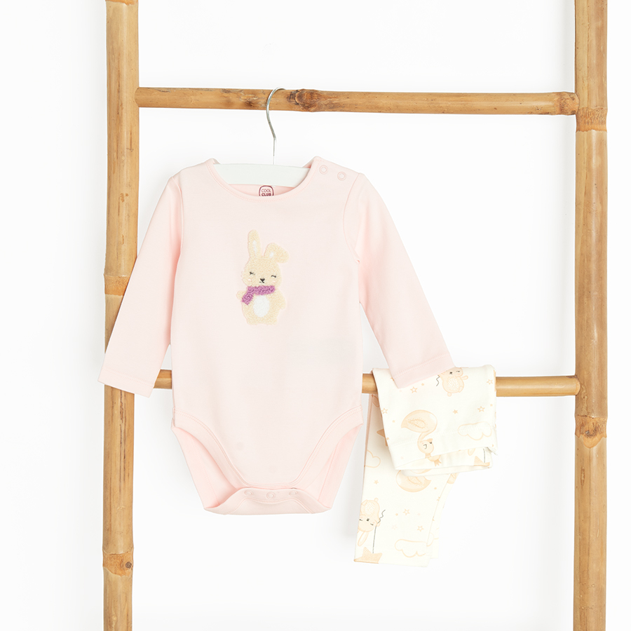 Pink long sleeve bodysuit and white pants with bunnies print set- 2 pieces