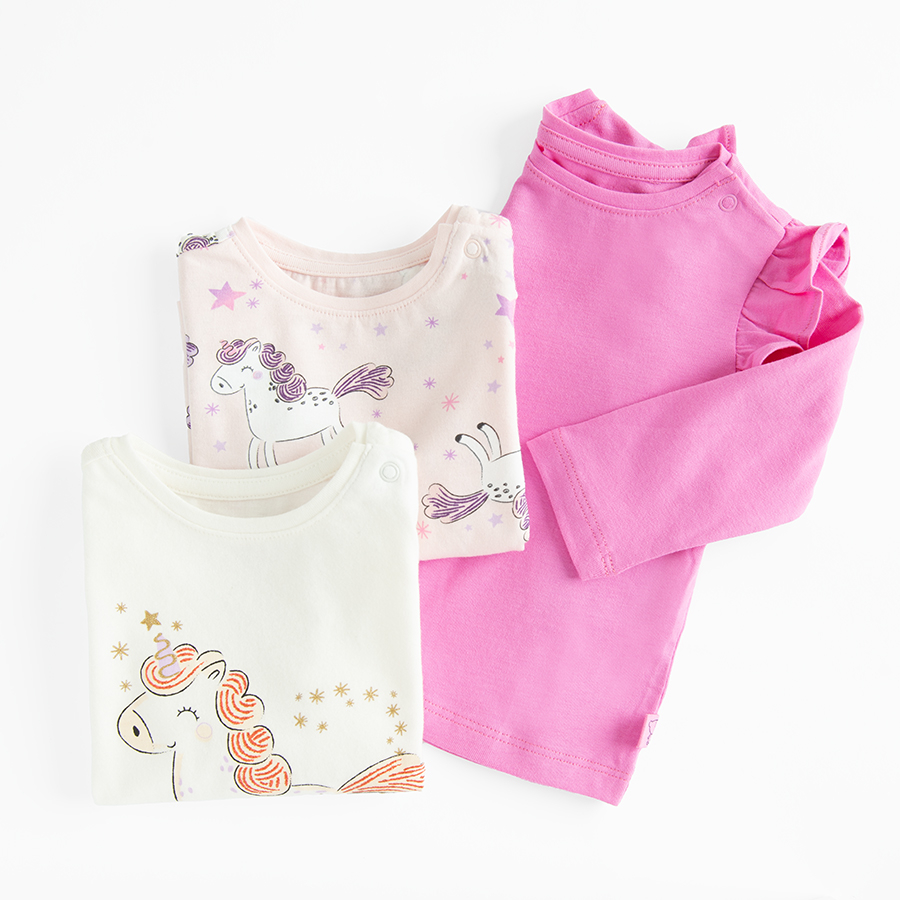 White, pink and purple blouses with unicorn prints- 3 pack