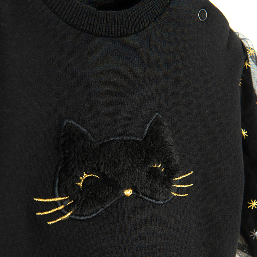 Black sweatshirt with Halloween kitten print and tulle sleeves