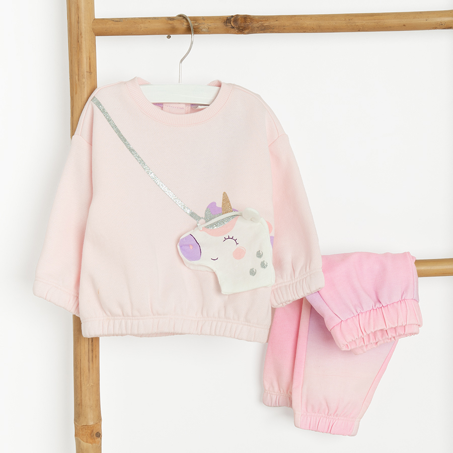 Pink sweatshirt with unicorn cross belt and colorful leggings set