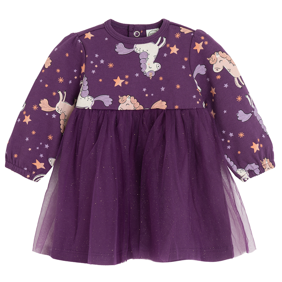 Purple classic tull long dress with unicorn print