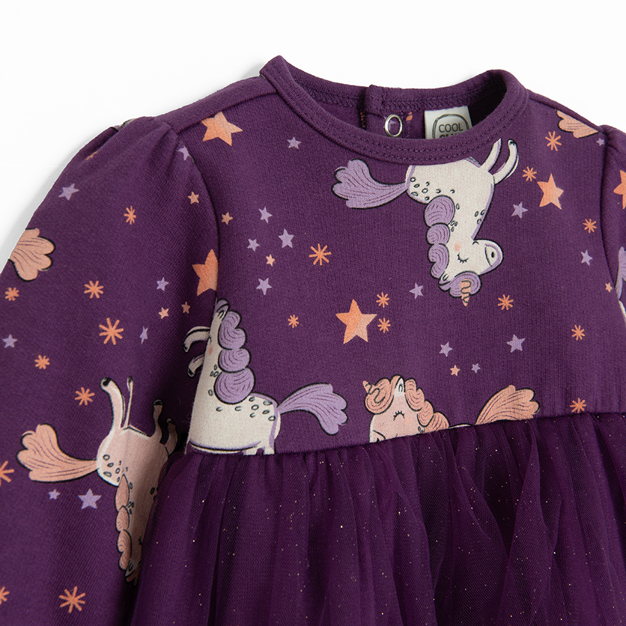 Purple classic tull long dress with unicorn print