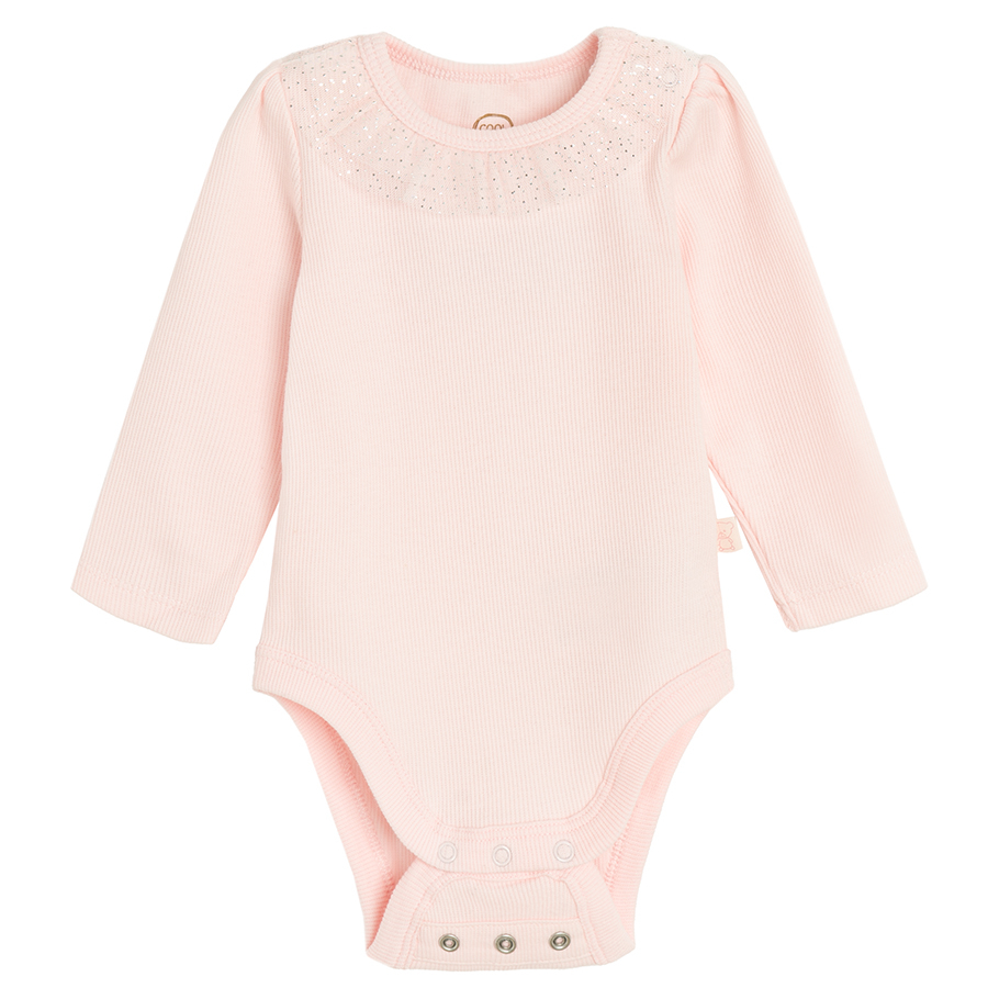 Pink long sleeve bodysuit with ruffle collar