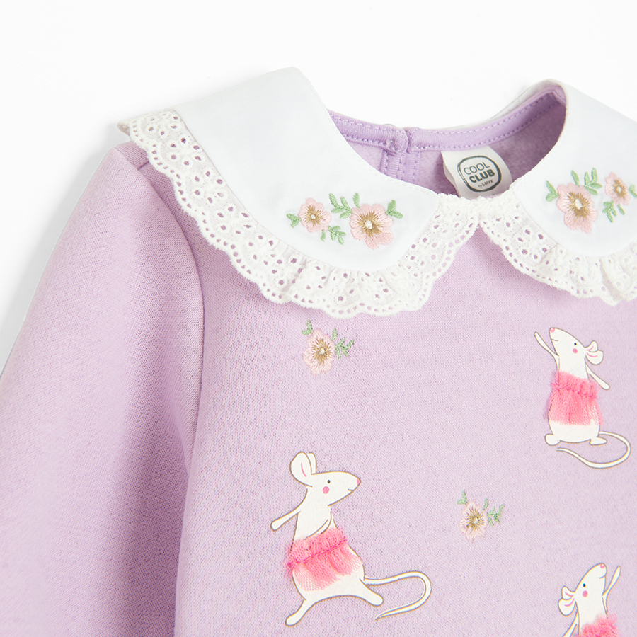 Pink long sleeve dress with detachable, mouse ballerina print,  collar and tights set