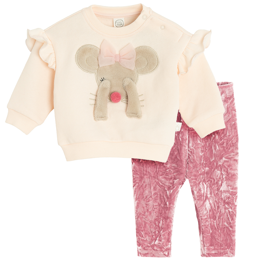 White sweateshirt with mouse print and pink leggings set