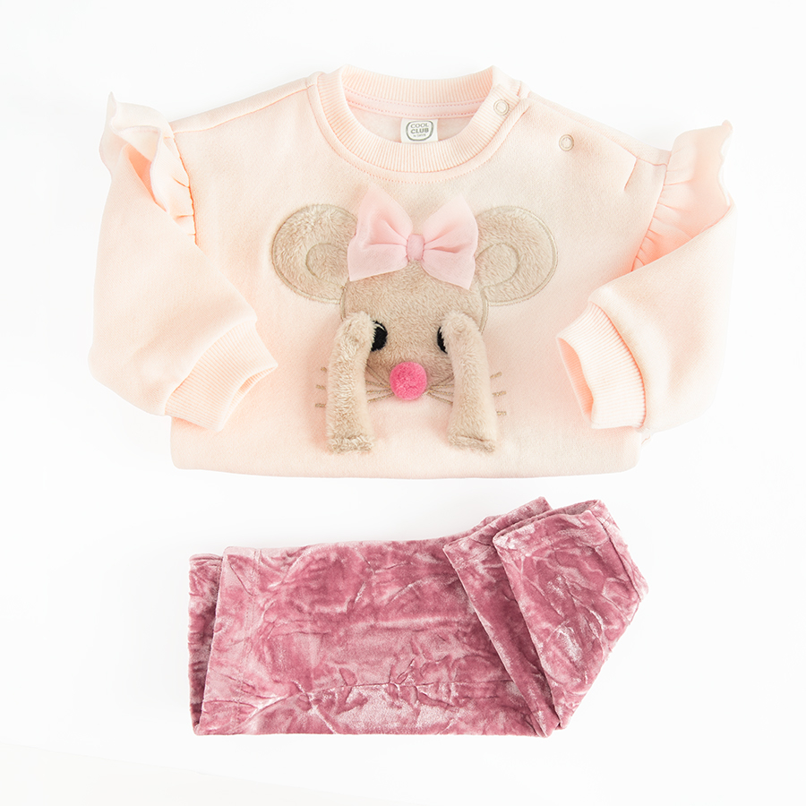 White sweateshirt with mouse print and pink leggings set