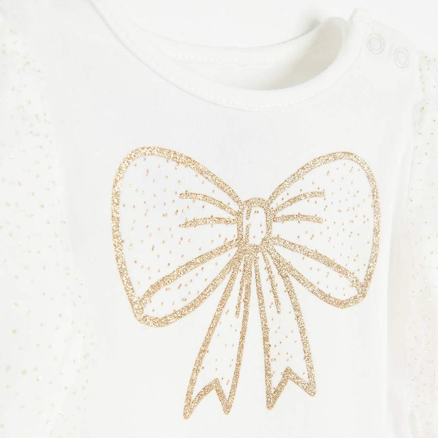 White long sleeve bodysuit with gold bow and tulle sleeves