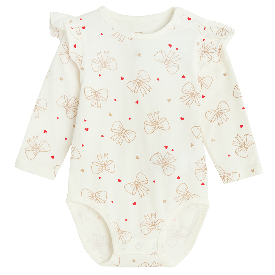 White long sleeve bodysuit with gold bows and red skirt set