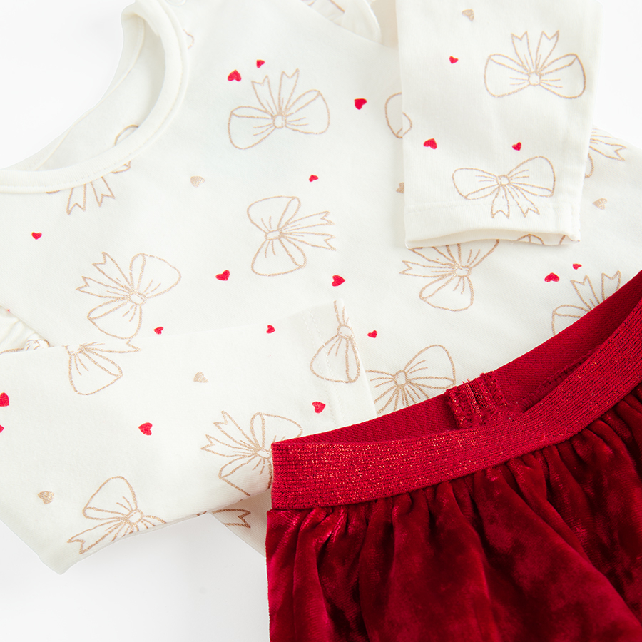 White long sleeve bodysuit with gold bows and red skirt set