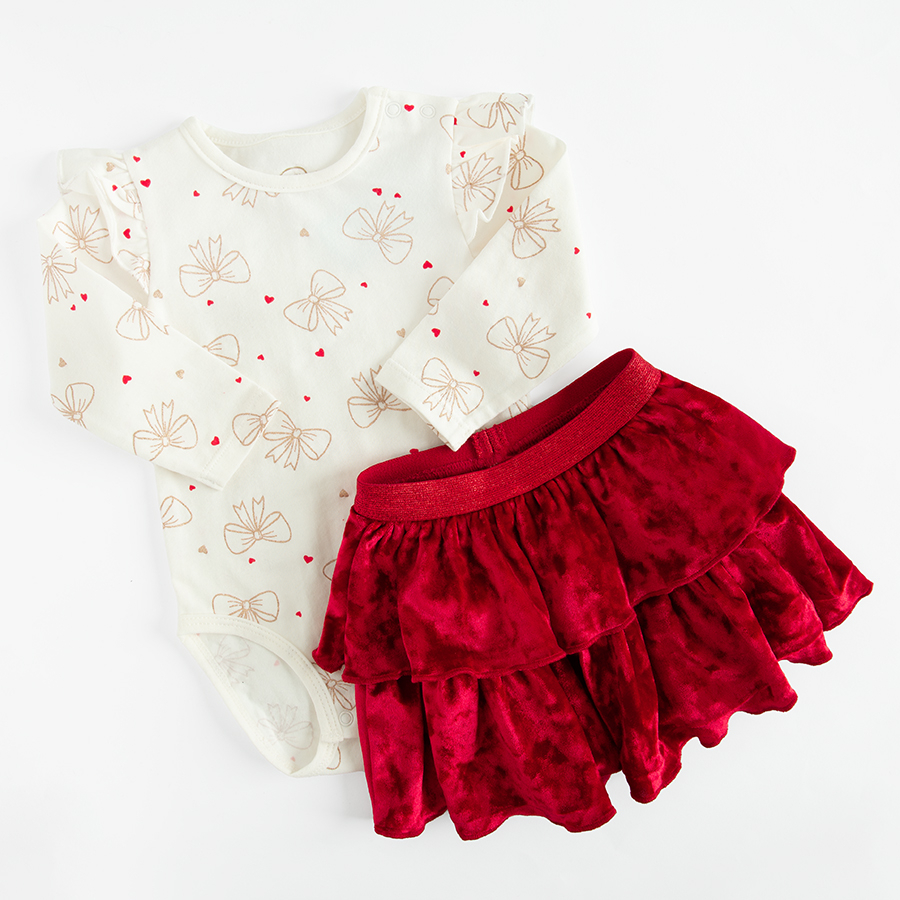 White long sleeve bodysuit with gold bows and red skirt set