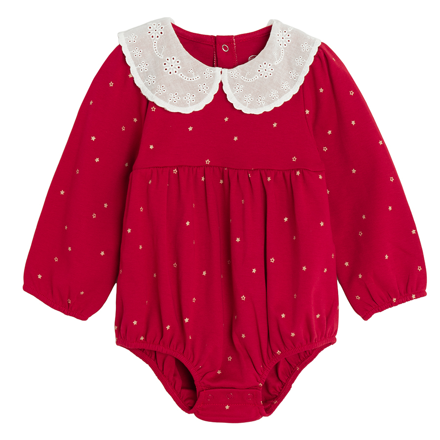 Red polka dor long sleeve bodysuit with matching headband and white tights