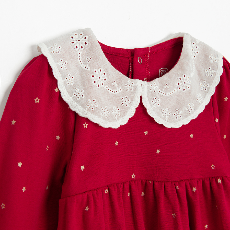 Red polka dor long sleeve bodysuit with matching headband and white tights