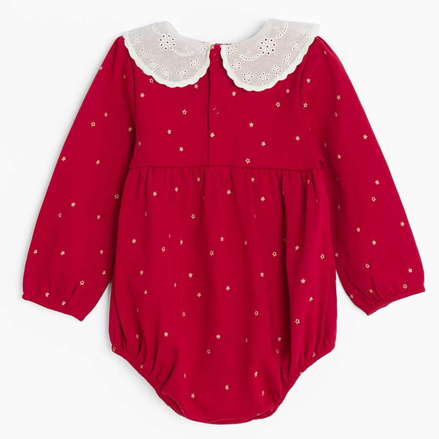 Red polka dor long sleeve bodysuit with matching headband and white tights